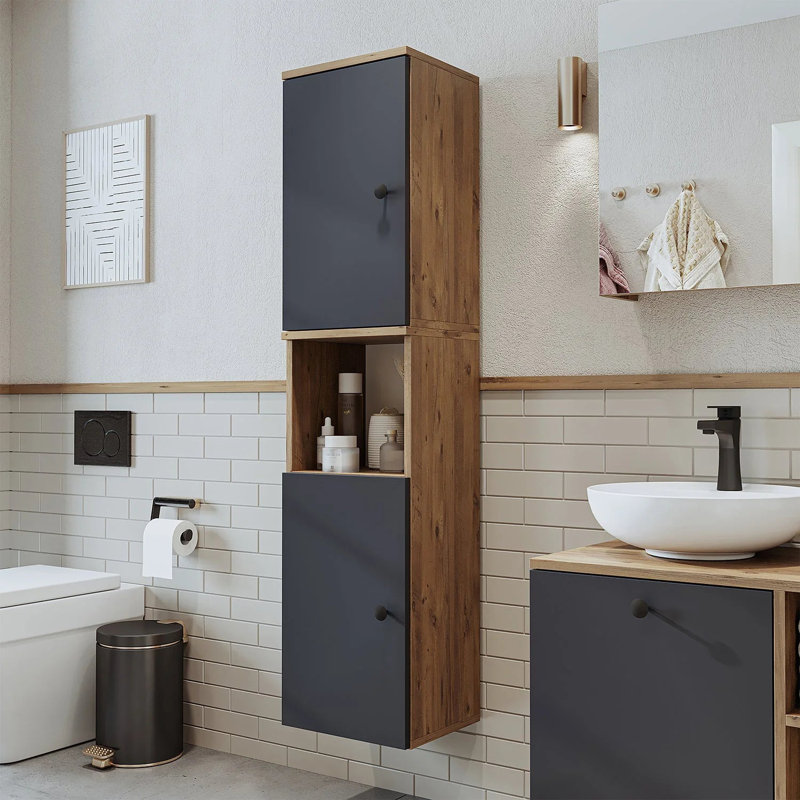 Lotus Tall Bathroom Towel Storage Cabinet, 150cm,  Anthracite/Oak