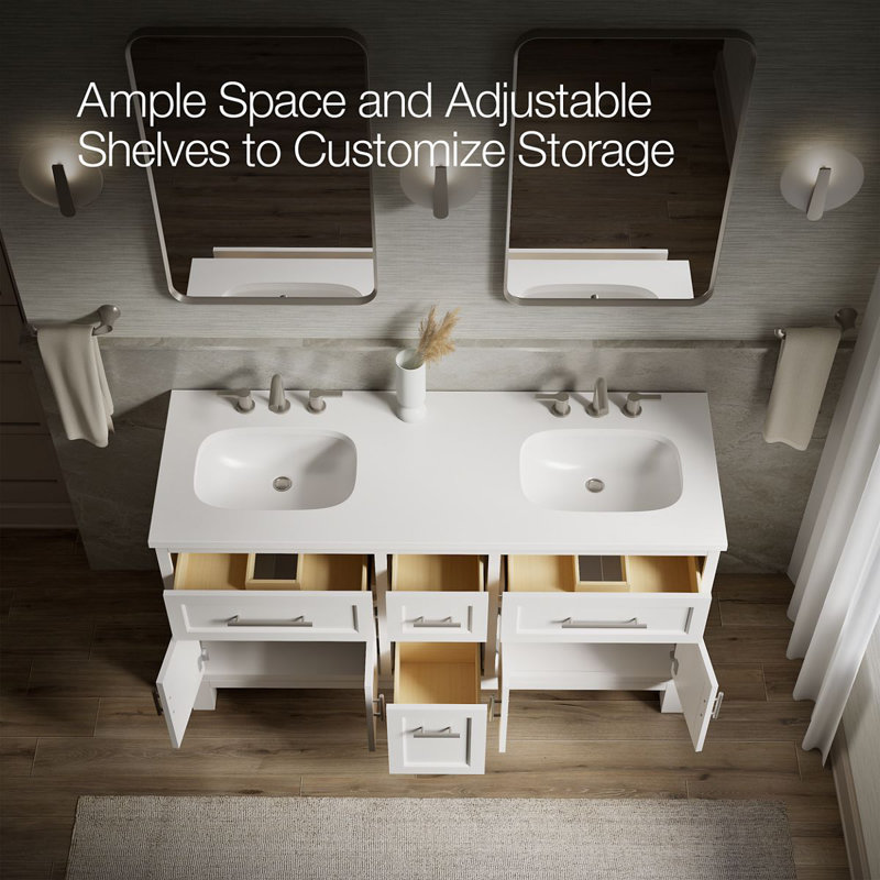 Quo 73'' Wall Mounted Single Bathroom Vanity with Solid Wood Top, White, 61"