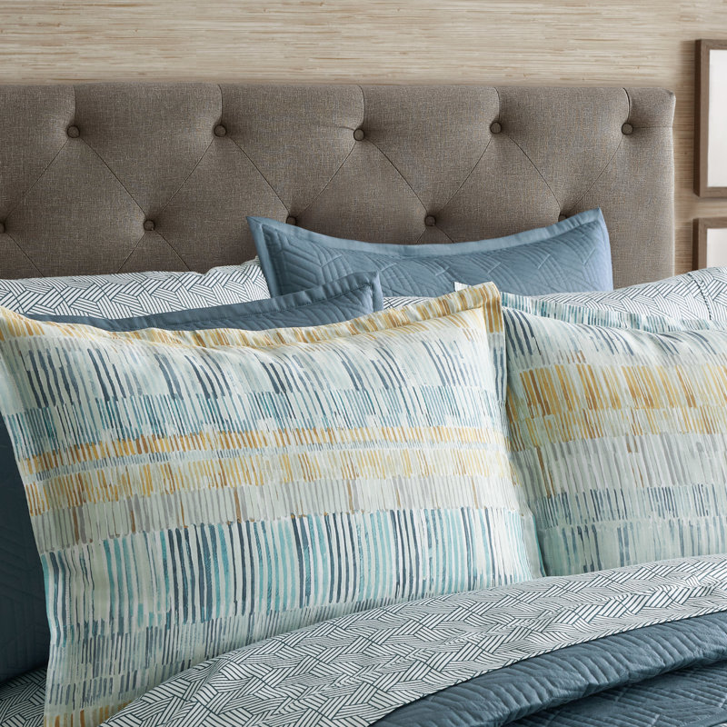 Ensemble d'édredon réversible 3 pièces en coton bleu / ocre, Édredon très grand et 2 taies décoratives