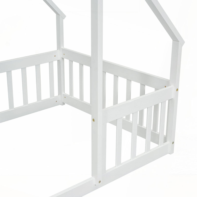 Lit de plancher en forme de maison en bois Amarionna avec clôture, garde-corps, Lit simple, Blanc