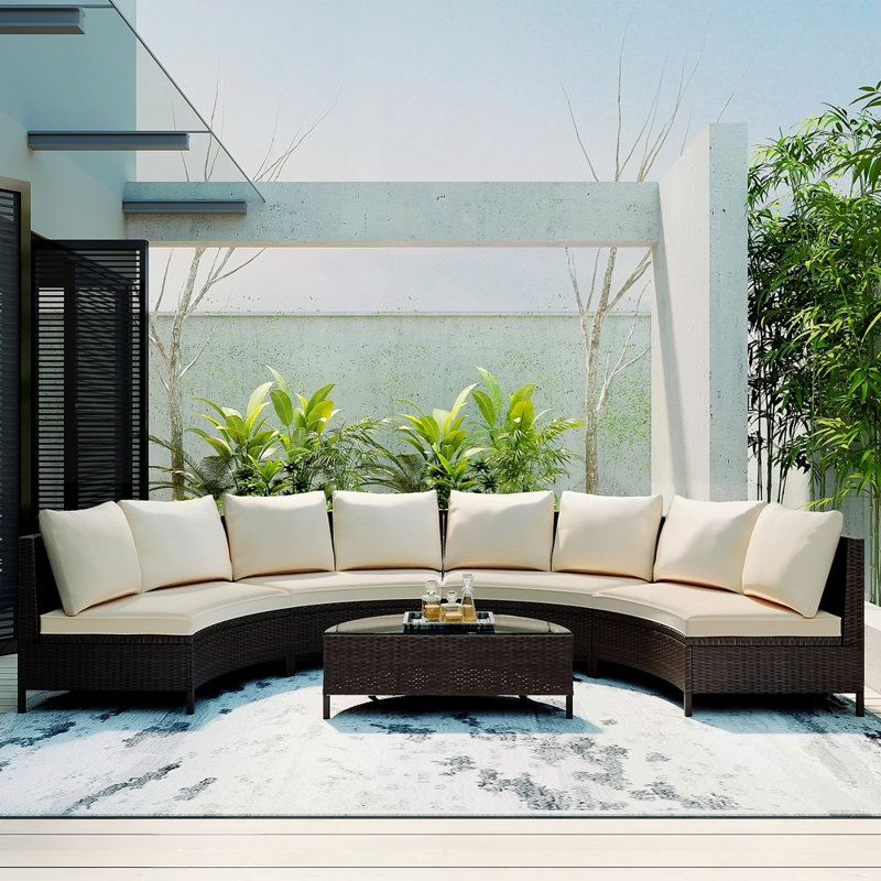 Ensemble de canapé modulaire d'extérieur en osier 5 pièces 5 pièces avec table en verre trempé, Beige