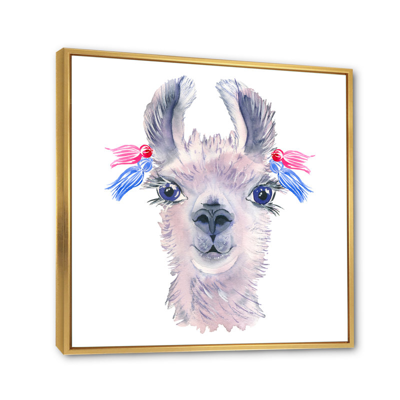 Joli lama dessiné à la main - II, H 16 po x l 16 po x P 1 po, Toile avec cadre flottant or
