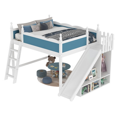 Queen Loft Bed with Storage Shelves and Wardrobe, Solid Wood Loft Beds with Detachable Slide and Ladders, No Spring Box Needed,Blue and White (Patent Protection)
