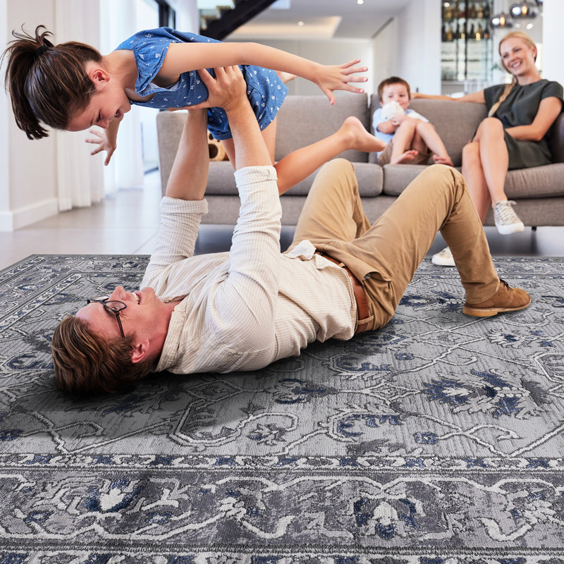 Tapis 8 x 10 gris / bleu - sans perte de teinture, teinture pour le salon, chambre de dortoir sans perte de poids, chambre à coucher au toucher doux