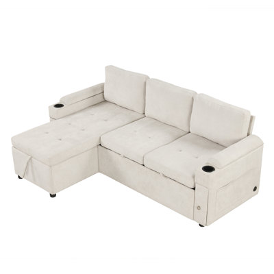 83.5" Lshaped Sofa Couch Convertible Sofa Bed Sectional Sofa With Ample Storage Space, Two Cup Holders And Two USB Ports For Living Room, Beige