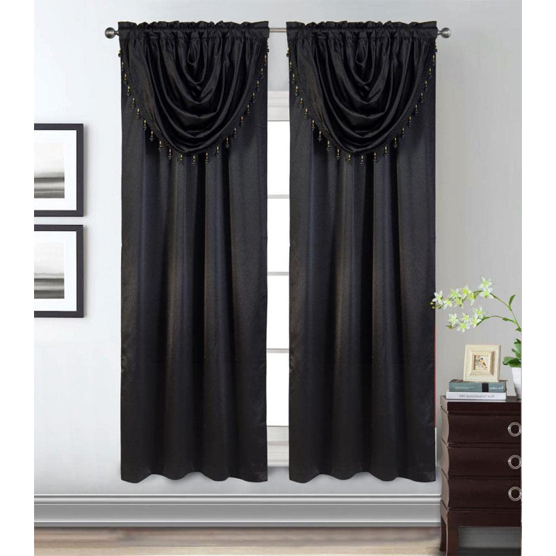 Luxurious Black Polyester Window Panel with Attached Valance, 42" x 84"