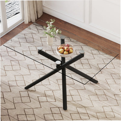Grande table de salle à manger rectangulaire moderne en verre minimaliste pour 6 à 8 personnes avec plateau en verre trempé de 0,39 po et pieds en métal, pour la salle à manger, la salle de réunion, la salle de banquet