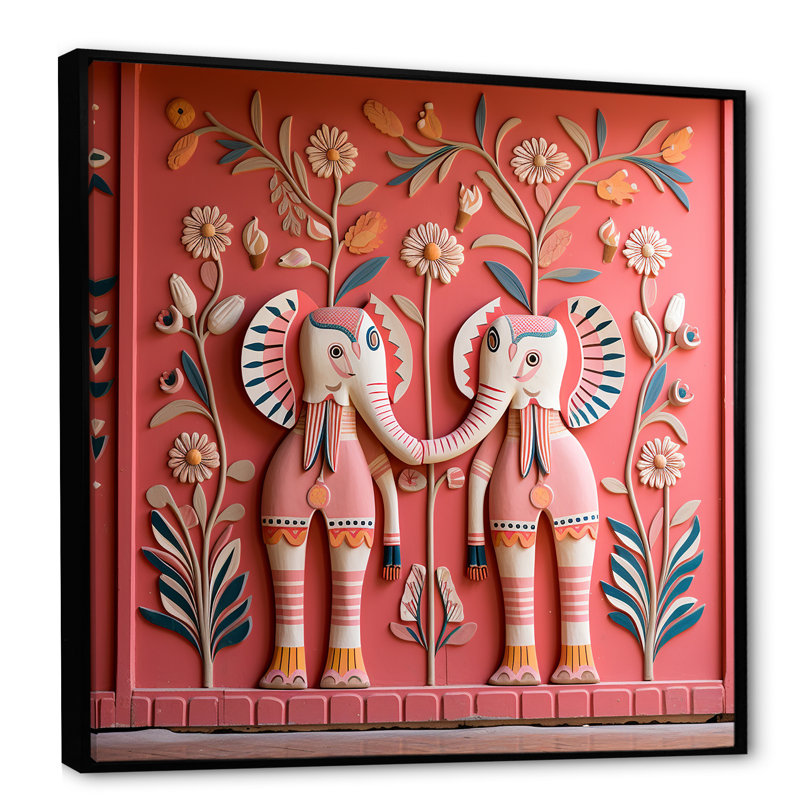 Art indien, éléphants de Jaipur 1 - Art mural indien, Cadre flottant noir, H 36 po x l 36 po x P 1,5 po