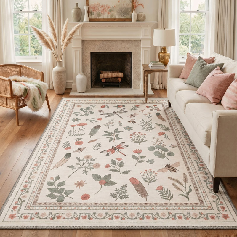 Tapis intérieur beige / vert / rose Adonis Wildmere lavable à la machine avec envers antidérapant, Rectangle 9' x 12'