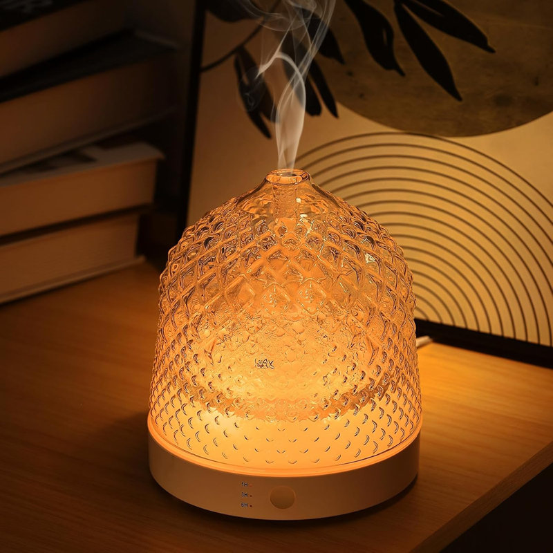 Diffuseur d'huiles essentielles en verre, diffuseurs à ultrasons aromatiques 200 ml avec dôme de réservoir en verre et base en plastique blanc avec minuterie d'arrêt automatique 7 couleurs pour le yoga dans la chambre à coucher