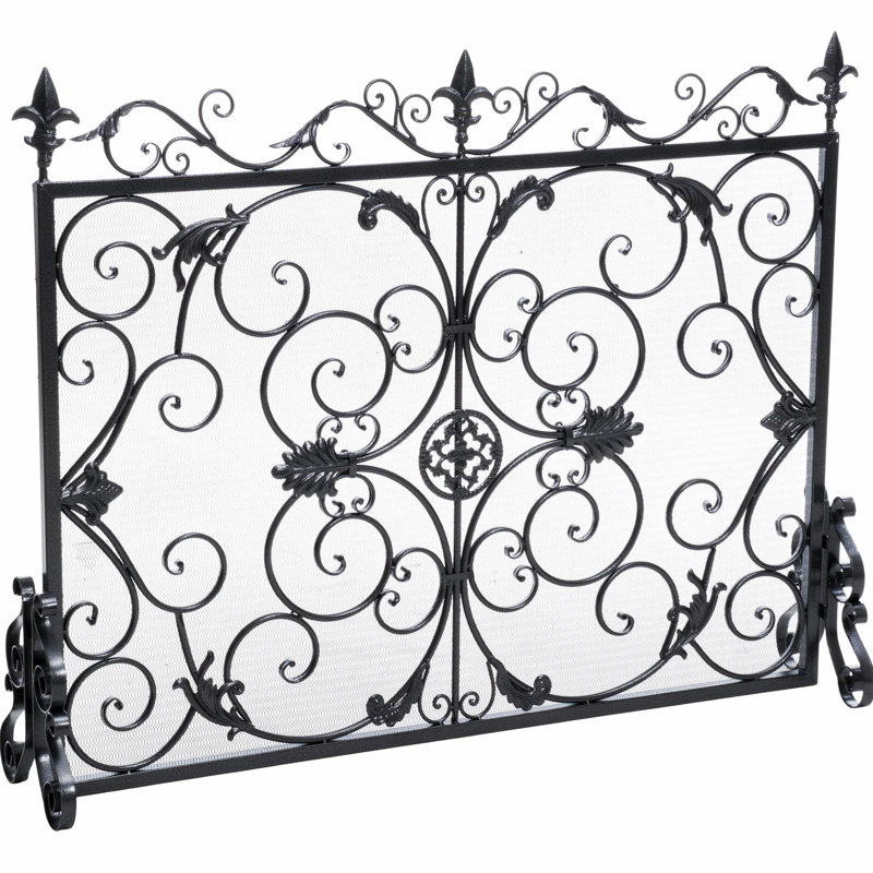 Cloison de foyer en fer noir au design complexe, 45,53 po x 9,9 po, 35,7 po, qui sépare l'espace de l'ornement protecteur élégamment forgé, finition, P 10 po x l 44 po H 35,5 po, ajoute du style à la zone