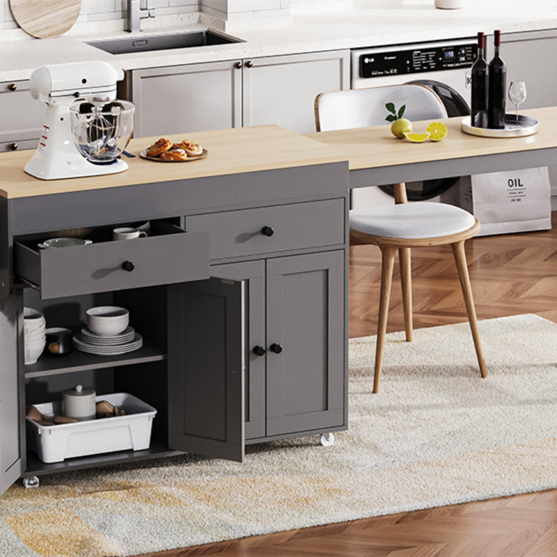 74.5 Inch Extendable Kitchen Island With Dining Table, Rolling On Wheels, Spice Rack, 2 Drawers, And 4 Door Cabinet For Versatile Use