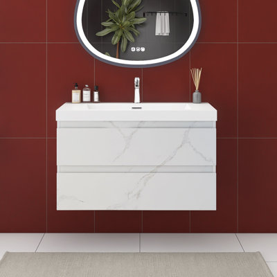 36 Inches Wall-Mounted Bathroom Vanity Set With Resin Integrated Top