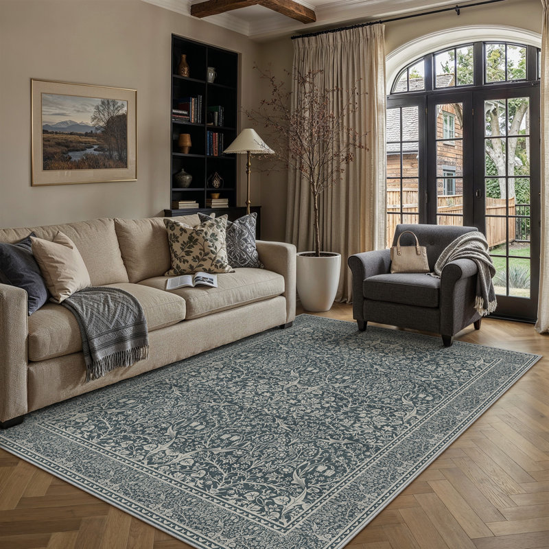 Tapis floral lavable à la machine avec envers antidérapant Alora, Bleu / Vert, 0.28", Rectangle 6 pi x 9 pi