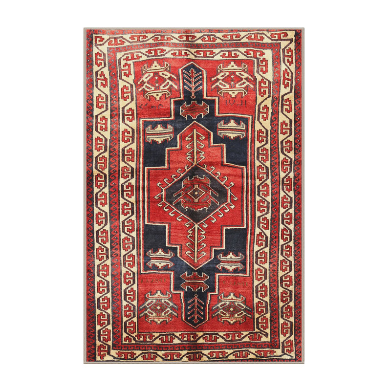 Tapis traditionnel rouge / bleu / beige, Rectangle 5 pi x 7 pi