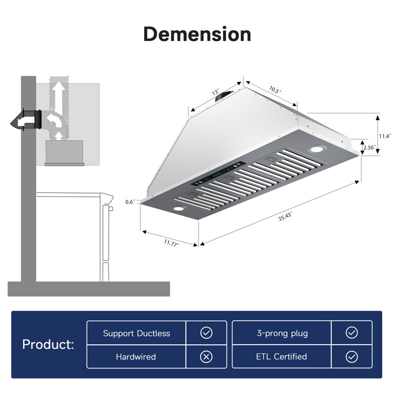 Hotte de cuisine encastrable 36 pouces 900 CFM en acier inoxydable avec lumières DEL, contrôle des mouvements ACL, 36"