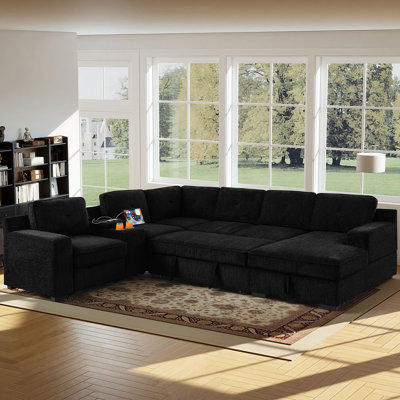 Burwell Oversized U-Shaped Sectional Sofa Bed Pull Out Sleeper Couch With Storage Chaise, Storage Armrest, 2 Cup holders and USB by Latitude Run