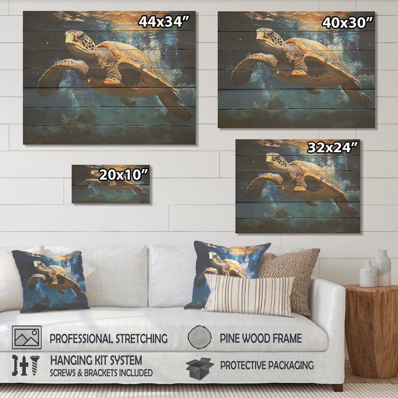 Tidal Tranquillity Oceanic Turtle II - Turtle Animal On Wood Print, 10" H x 20" W x 0.78" D