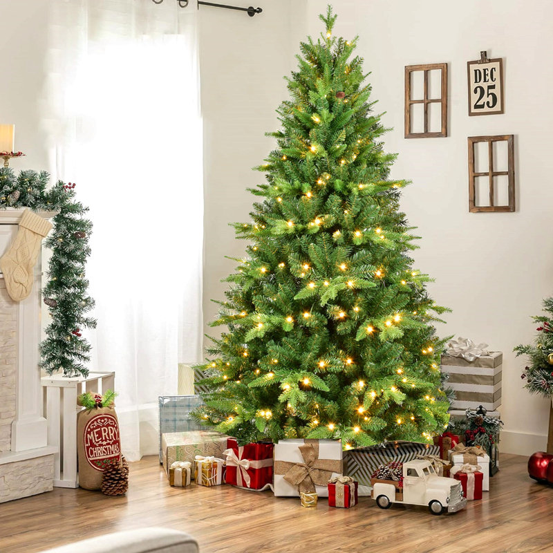 Arbre de Noël pré-éclairé avec lumières à DEL blanc chaud, arbre à charnières réaliste en PVC avec support en métal, arbre de Noël artificiel complet pour la décoration des Fêtes