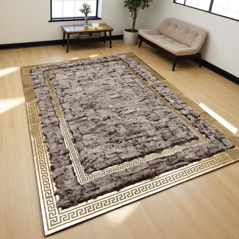 Véritable tapis toscan en cuir véritable fait à la main avec bordure dorée, Rectangulaire 8 pi x 10 pi