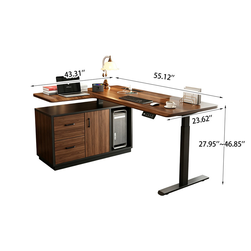 Bureau d'écriture en coin en L 55,12 po en bois massif à hauteur réglable électrique et bureau d'ordinateur