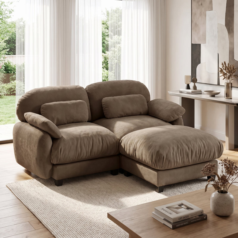 Canapé 2 places avec repose-pieds et repose-pieds en chenille douce pour salon, appartement, Brun