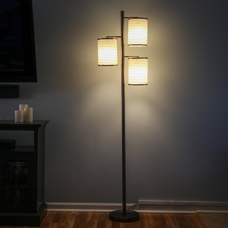 Liam 74" Modern Black Metal Floor Lamp with Tan Fabric Shades