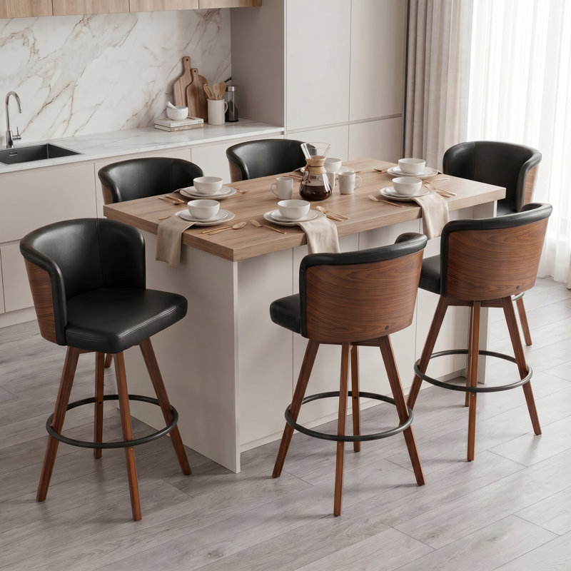 Tabouret de comptoir pivotant rembourré avec structure en bois Devault, Noir / brun, 6