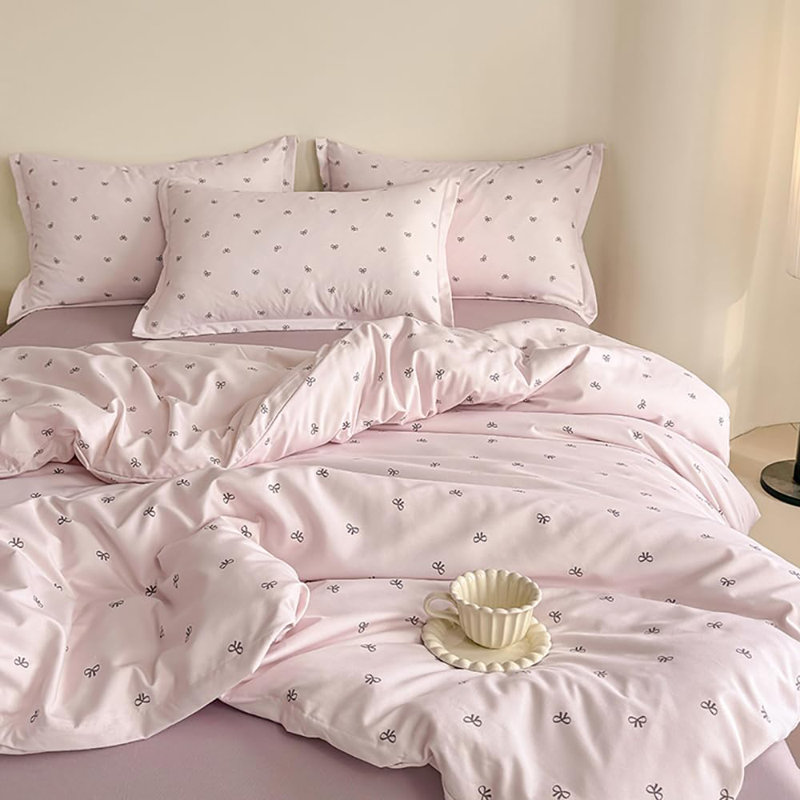Duvet Cover Double Bows Bowknot Print Bedding Set Cute Bow Tie Microfiber Comforter Cover, Pink