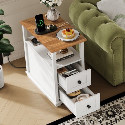 End Table With Charging Station, Narrow Side Table For Living Room, Farmhouse Night Stand With Storage, Small Wooden Cabinet With USB Ports And Outlets For Living Room And Bedroom