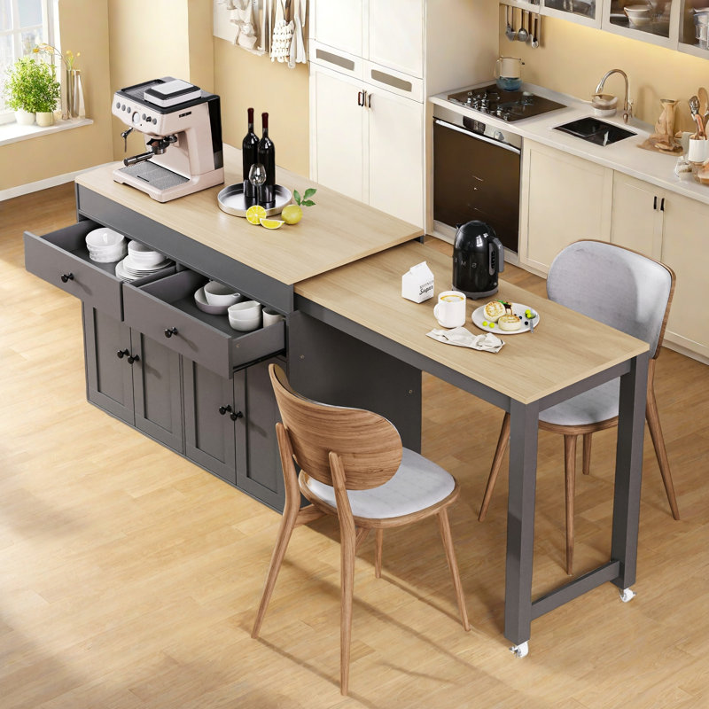 Îlot de cuisine avec table de salle à manger extensible, roues, étagère à épices, 2 tiroirs et armoires, Gris