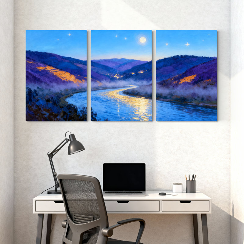 «Abstract Moonlit River Valley Landscape», ensemble de 3 reproductions d'art sur toile, H 24 po x l 48 po