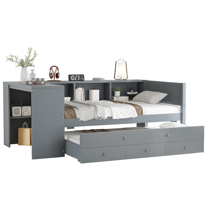 Twin Size Daybed With Trundle, Wood Day Bed Frame With Storage Drawers And Side Shelves, Daybed With Desk, No Spring Box Needed, Gray