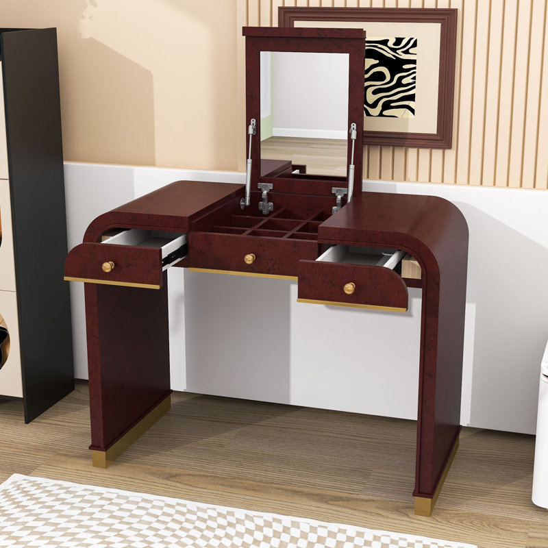 Bureau de coiffeuse avec miroir et 2 tiroirs, Espresso