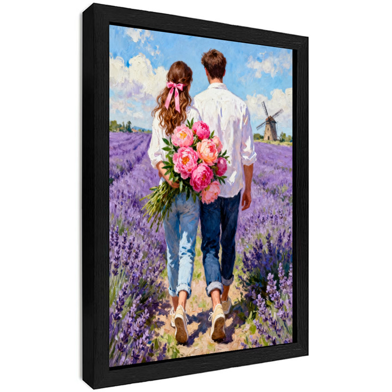 Couples rétro encadrés noirs tenant des bouquets de fleurs pour une promenade, impressions sur toile de style rétro