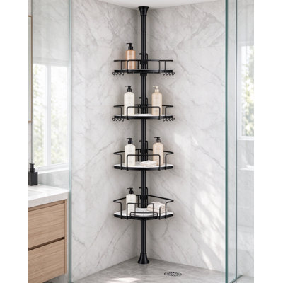 Poteau de tension de coin pour chariot de douche avec paniers réglables, organisateur de douche de salle de bain bicolore pour shampooing et accessoires de bain, cadre en acier inoxydable avec plateaux et crochets amovibles