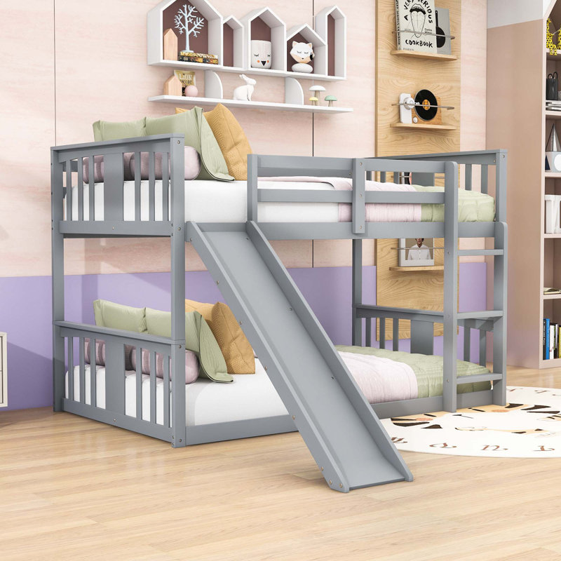 Twin Over Twin Bunk Bed With Slide, Full-Length Guardrail, Gray
