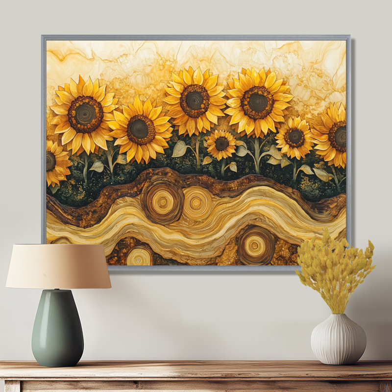 «Dobromila Sunflowers Landscape Above Wood Slide II» - art mural toile de tournesols, Argent argent, H 34 po x l 44 po