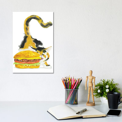 Calico Cat And Burger by Alexey Dmitrievich Shmyrov - Wrapped Canvas Print