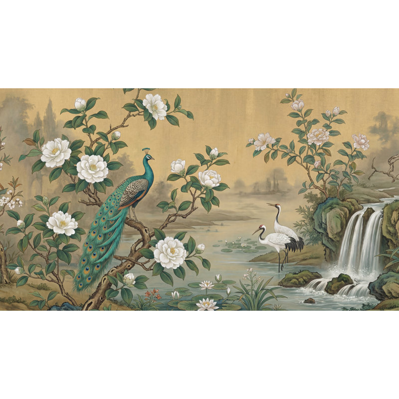 Murale cascade de papier peint paon, 160 po x 108 po, Peler et coller