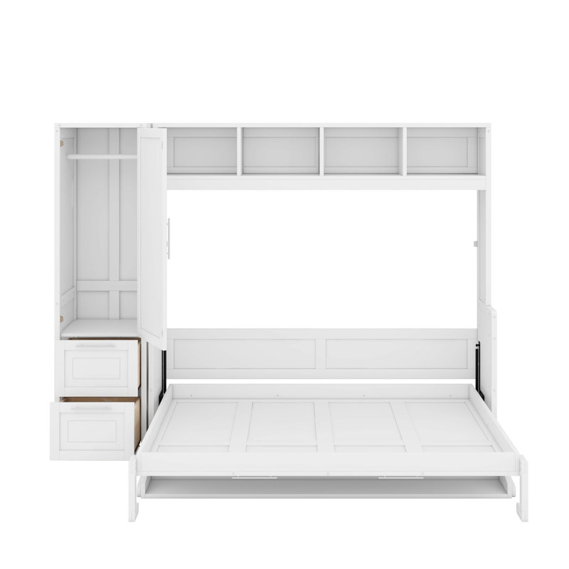 Grand lit escamotable avec placard et tiroirs, Blanc