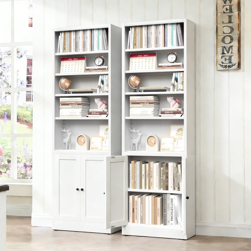 Bibliothèque à 5 niveaux en métal blanc industriel, hauteur de 71 pouces avec porte et tablettes réglables pour la décoration intérieure blanche, bureau équipé