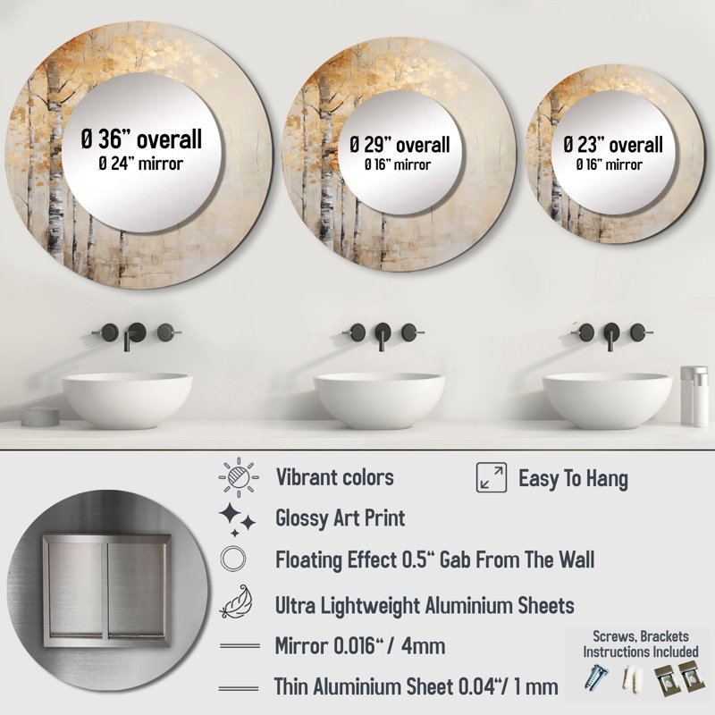 Roxine beige et or minimaliste forêt I - miroir forêt, miroir mural rond beige unique, impression sur métal, 23 po x 23 po