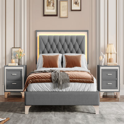 Grand cadre de lit tapissier grand avec lumières DEL, lit plateforme moderne en velours avec tête de lit capitonnée, gris