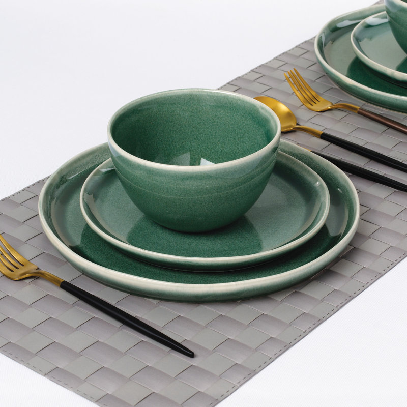 Waterside 12pc Green Reactive Glaze Stoneware Dinner Set