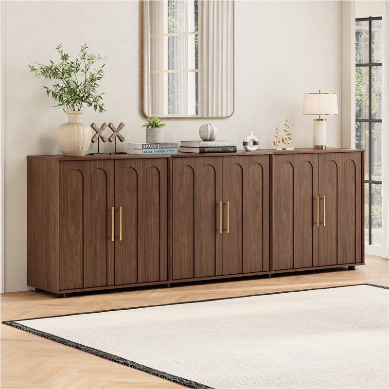 Buffet moderne avec rangement pour câbles et tablettes réglables, Tissu brun