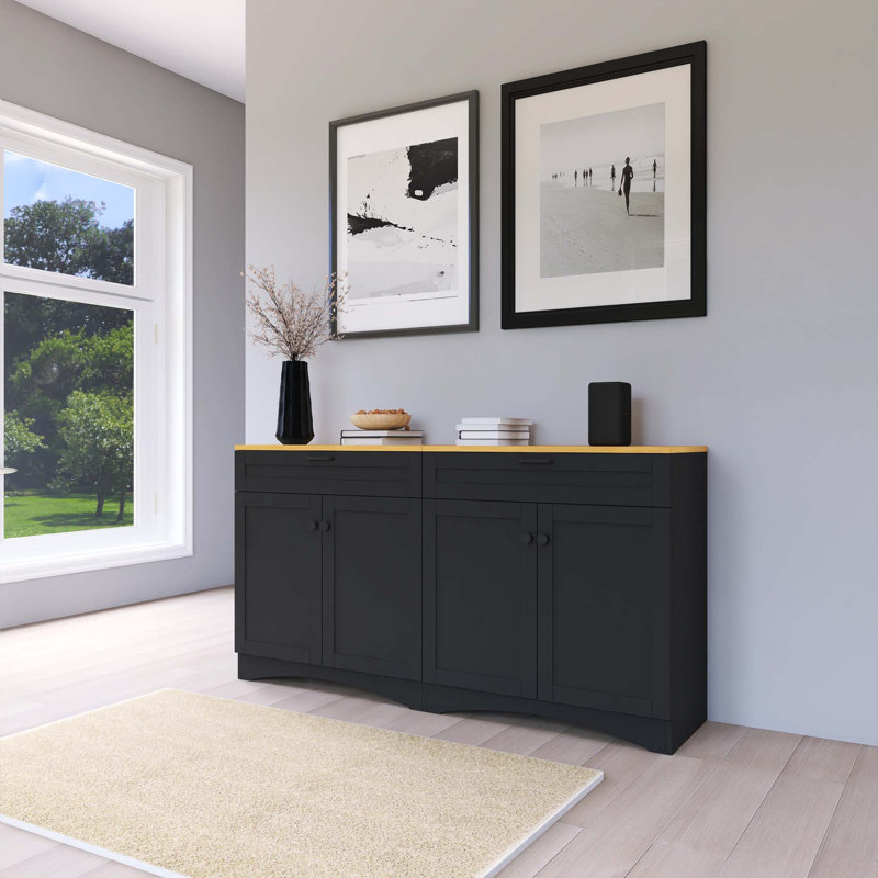 Farmhouse Wood Sideboard TV Stand With 2 Drawers And Adjustable Shelves, Black