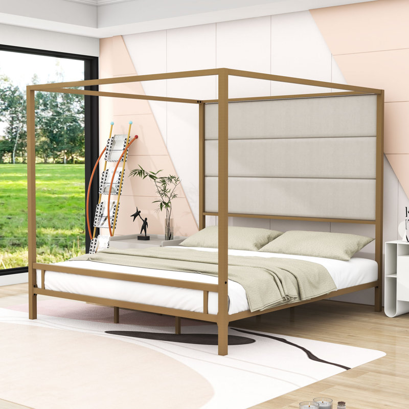  Metal Canopy Bed with Upholstered Headboard, Gold, King
