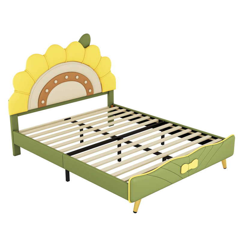 Lit plateforme tapissier avec tête de lit en forme de tournesol, Double
