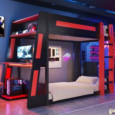 Wooden Gaming Bunk Bed with Desk, 2 Storage Shelves, USB Ports & LED Light, Black